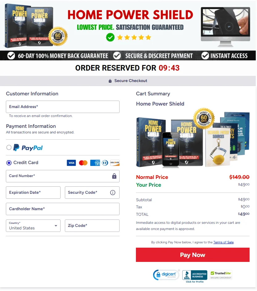 Home Power Shield - checkout page